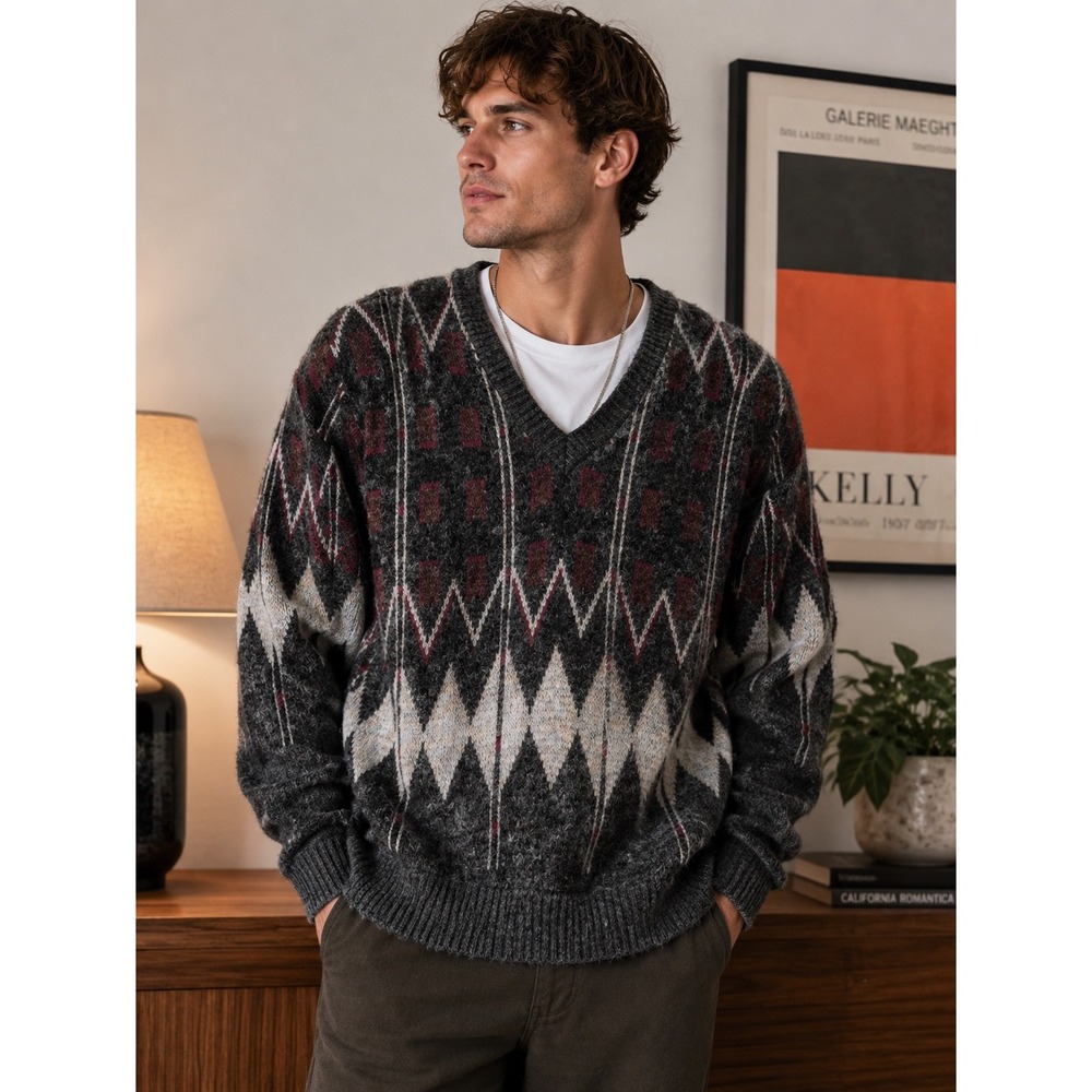 Vintage Harbour Club Mens XL V-Neck Sweater Wool Blend Geometric Argyle‎ Italy